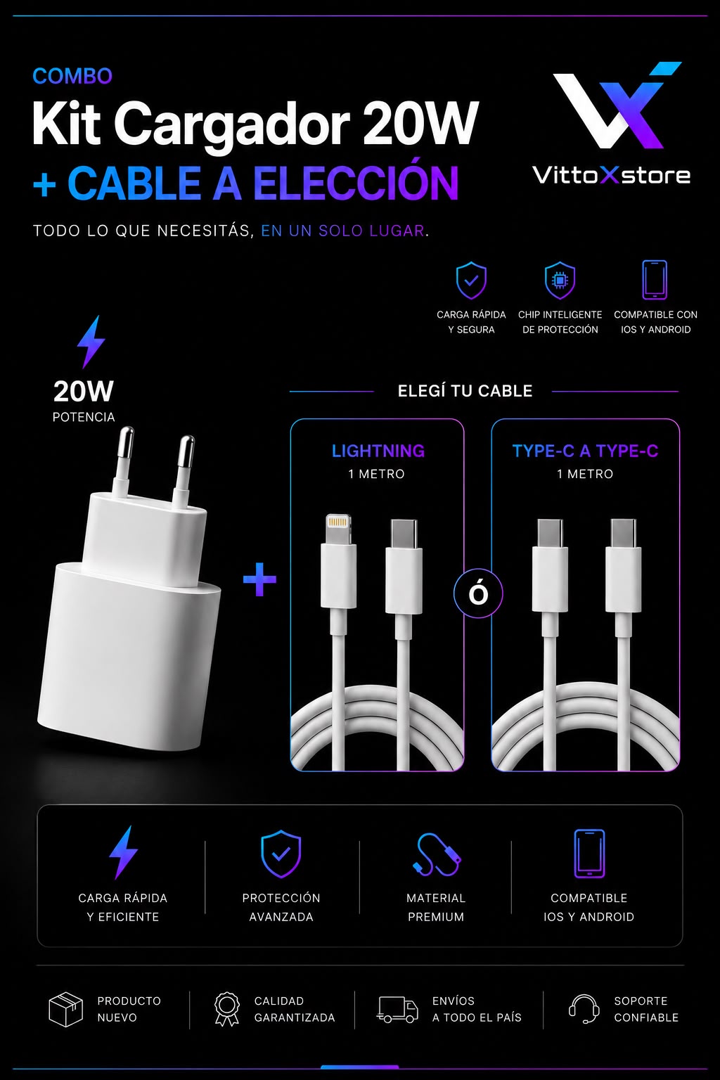 Kit cargador 20 W + cable a eleccion , ideal para cualquier tipo de iphone o android con entrada tipo C
